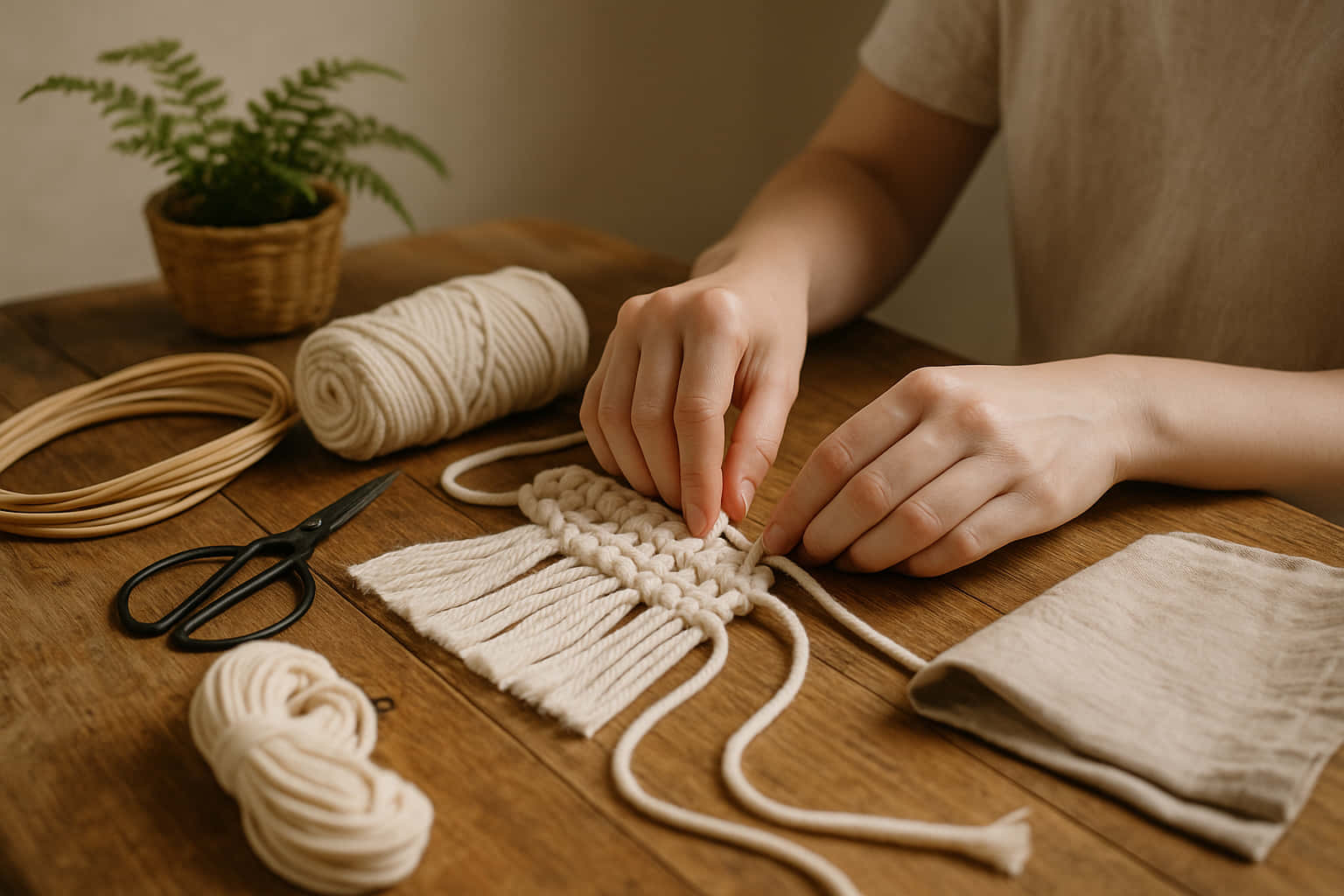 Mains en train de nouer un macramé sur une table en bois, avec bobines de corde, ciseaux et rotin