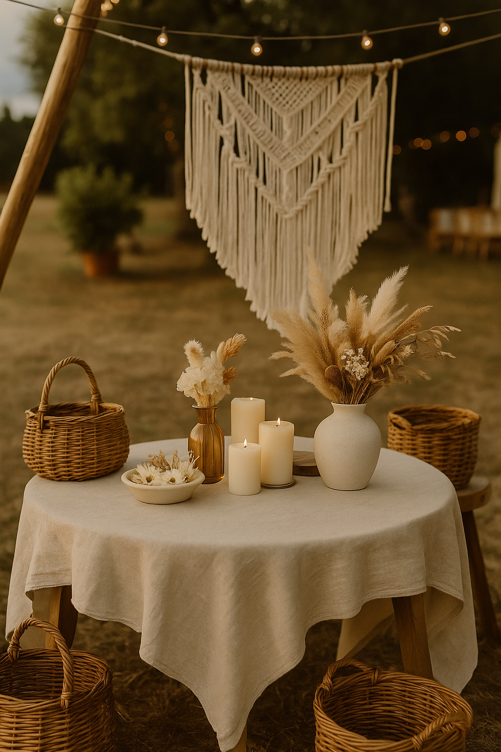 Décoration événementielle à louer : suspensions en macramé, paniers en osier, vases et bougies – ambiance bohème chic par Naamaa