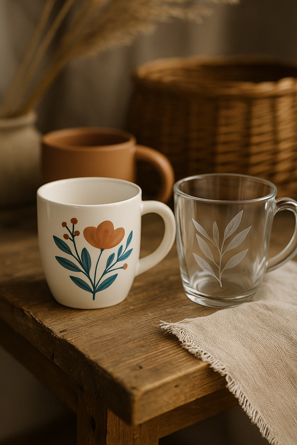 Mugs artisanaux décorés à la main – modèles en céramique et verre gravé dans un univers naturel et chaleureux