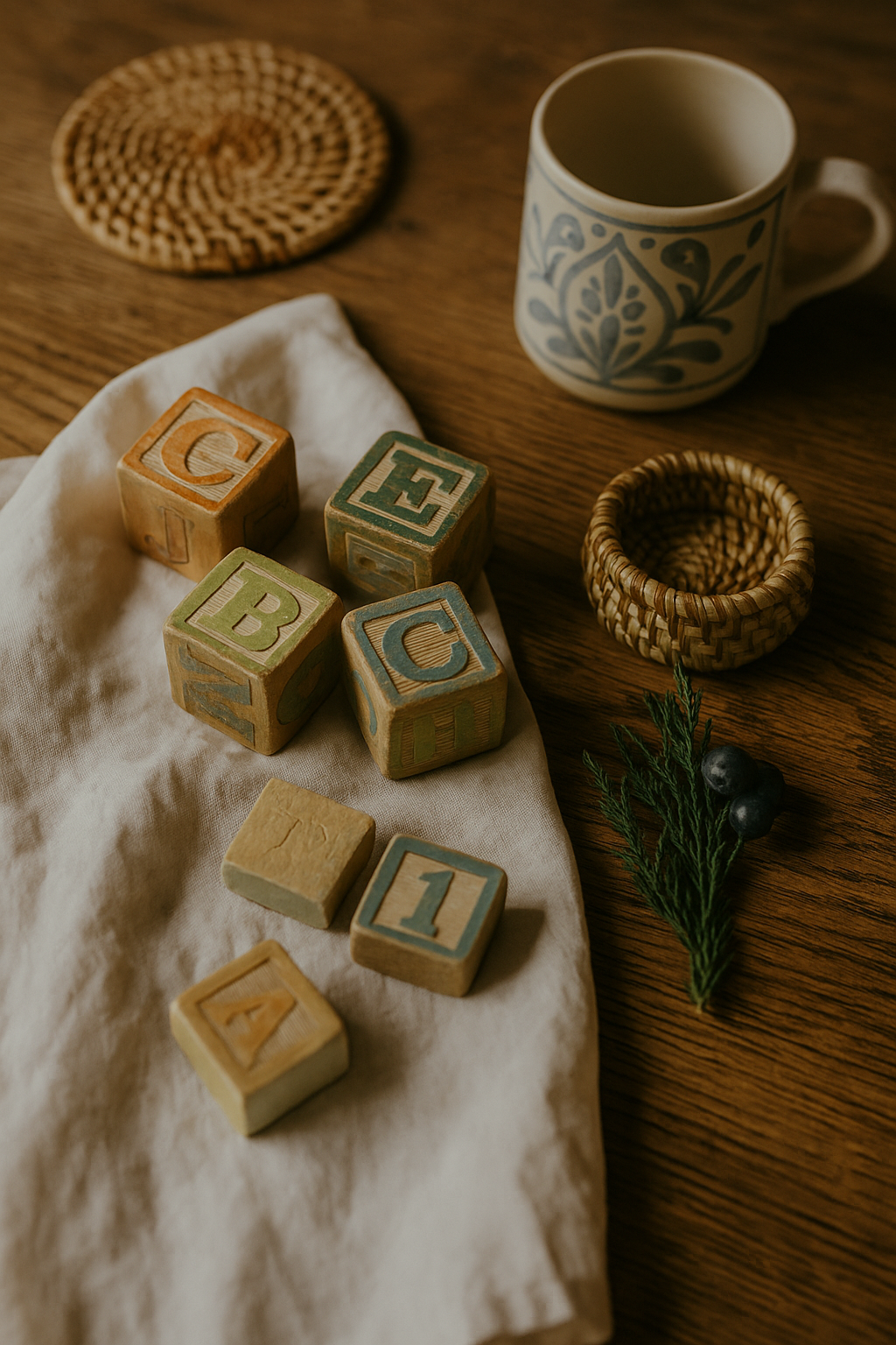 Tasse artisanale, petits paniers tressés et cubes en bois sur table naturelle – ambiance déco fait main Naamaa