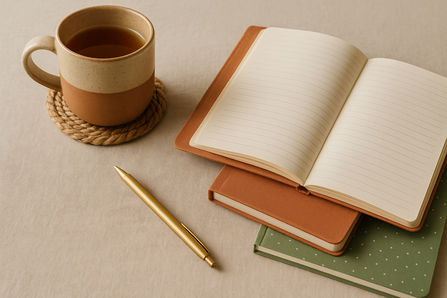 Illustration ambiance rentrée : carnet ouvert, stylo doré et mug sur fond naturel – produits artisanaux et papeterie Naamaa