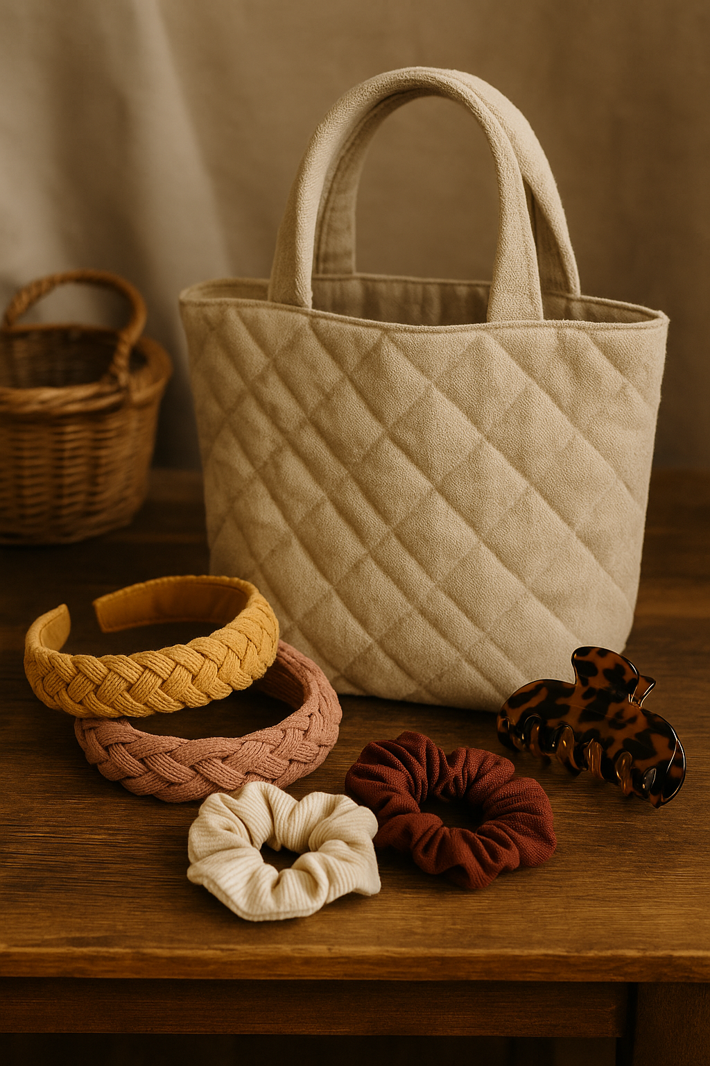 Accessoires artisanaux faits main : sac matelassé, serre-tête tressé, chouchous et pince – créations textiles Naamaa