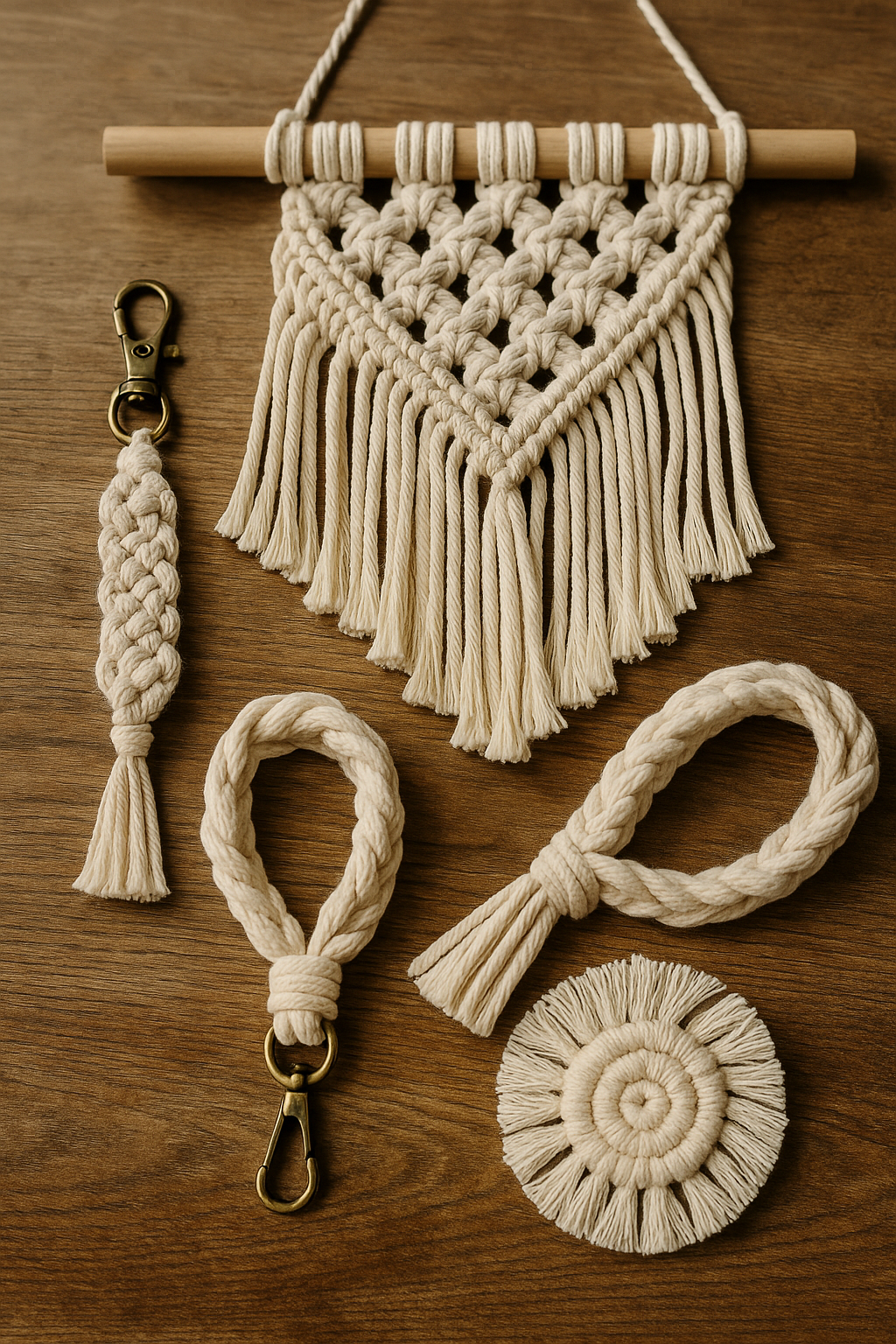 Créations artisanales en macramé : porte-clés, éventail, suspension murale – fait main avec fil naturel par Naamaa