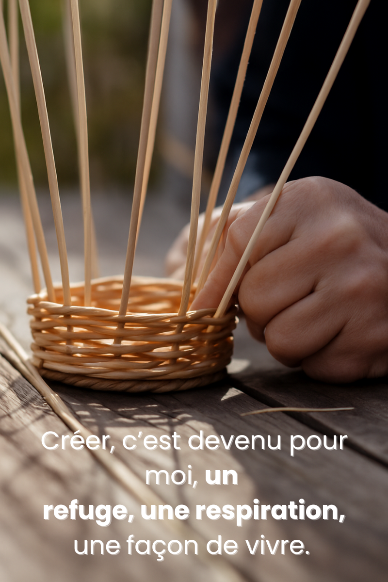 Travail artisanal de vannerie – main en train de tresser un panier en fibres naturelles sur fond en bois