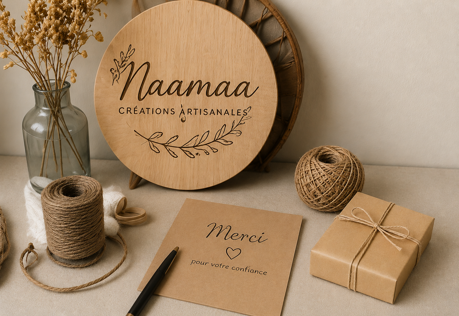 Mise en scène artisanale Naamaa avec décoration en bois gravé, carte de remerciement et emballage cadeau naturel dans une ambiance chaleureuse et bohème.